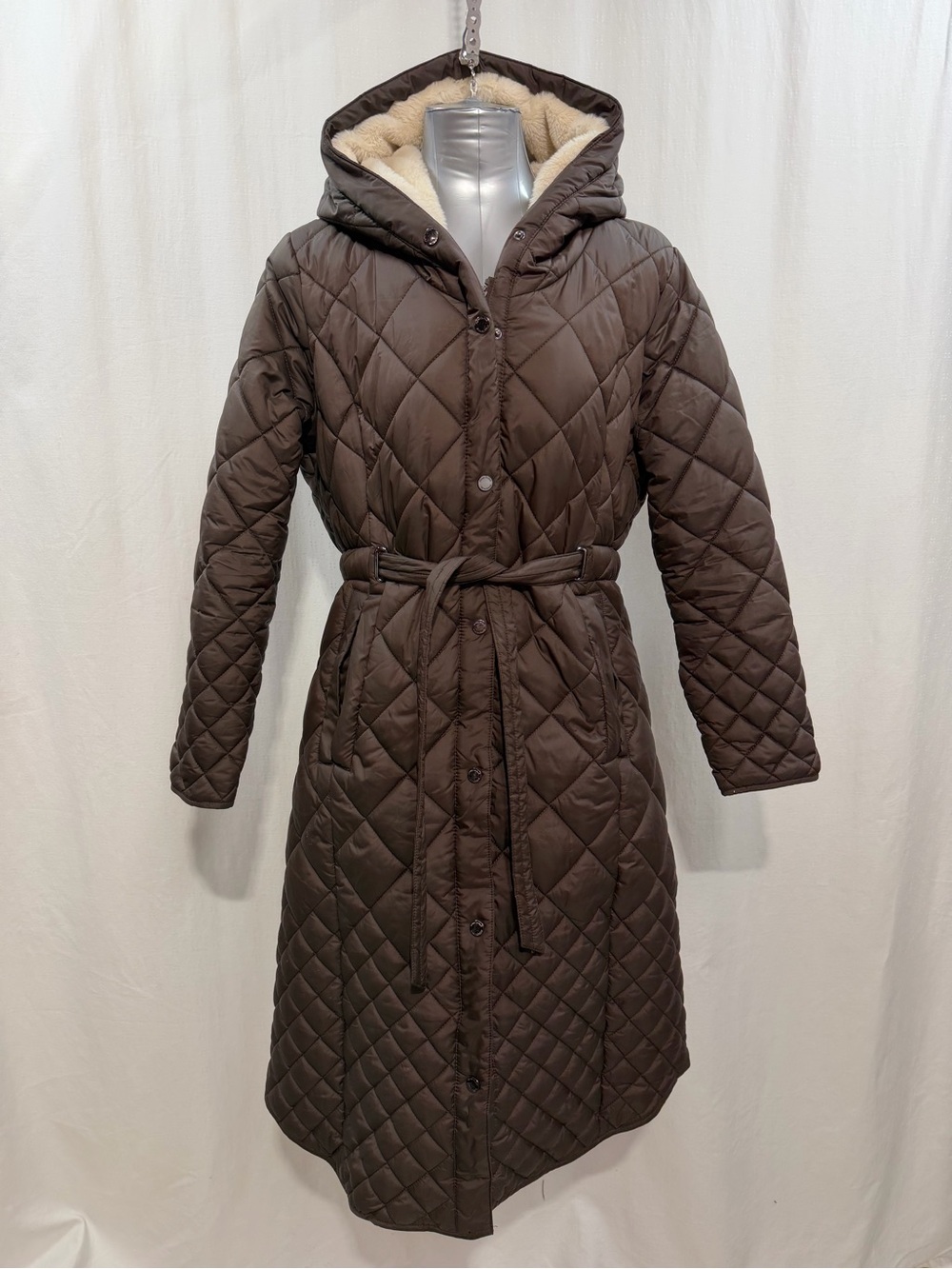 Kenneth Cole Brown Diamond Quilted Long Puffer Coat Belted Sherpa Hood